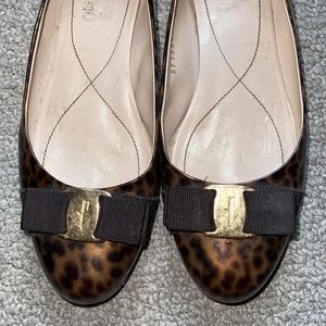 Patent leather leopard ferragamo flats. Slightly worn